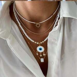 Evil Eye Stone Necklace, Handmade White Evil Eye Charm Choker - Unique Greek Jewelry, Ideal for Women, Mom's Gift, Good Luck Charm