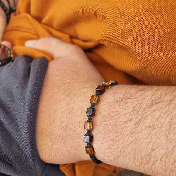 Amber Bracelet, Yellow Natural Stone Accessory, Drop Amber Bead, Hematite Accents, Unique Design, Perfect Gift for Loved Ones