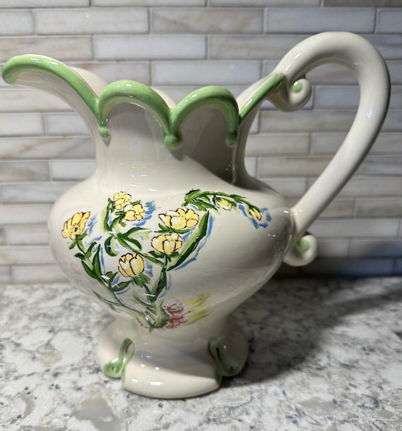 Large Vintage One of a Kind Floral Porcelain Pitcher Handpainted | Shabby Chic Rose Pattern | Antique Cottagecore Water Jug