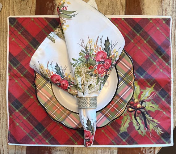 Christmas Tartan Placemat with Holly,Holiday Table Decor,Red Green Plaid, Traditional Christmas Dining