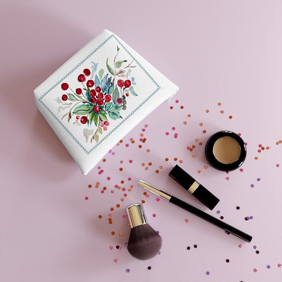 Floral Cherry Cosmetic Bag by Shannon Doyle Art - Durable Cotton Makeup Pouch - Travel Toiletry Organizer - Unique Gift for Her