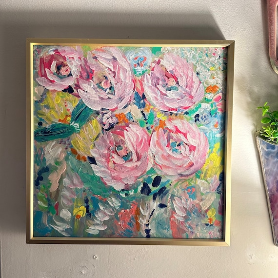Original Floral Acrylic Painting on Canvas - Vibrant Pink Peonies with Gold Frame - Handmade Abstract Impressionist Art by Shannon Doyle