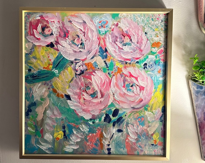 Featured listing image: Original Floral Acrylic Painting on Canvas - Vibrant Pink Peonies with Gold Frame - Handmade Abstract Impressionist Art by Shannon Doyle