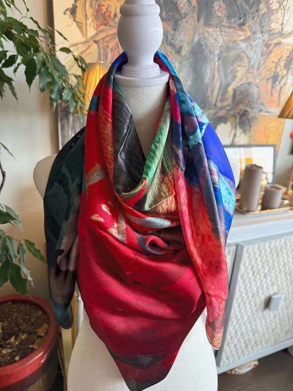 Ladies Fashion Scarf Red - Silk - Original Art,  Lightweight, Unusual Gift for Her