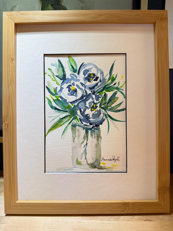 Original 5x7 Watercolor Floral Painting | Shannon Doyle Art | Framed 8x10 Bouquet in Vase | Bright Botanical Wall Decor