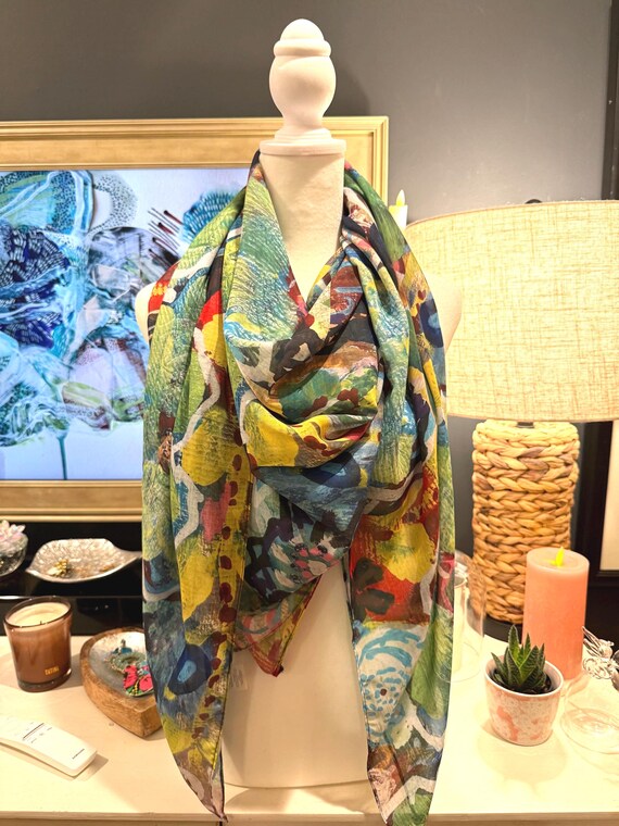Ladies Fashion Scarf Green Floral - Original Art, Lightweight, Unusual Gift for Her