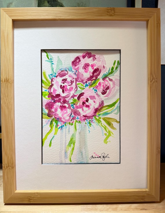 Original 5x7 Watercolor Floral Painting | Shannon Doyle Art | Framed 8x10 Bouquet in Vase | Bright Botanical Wall Decor