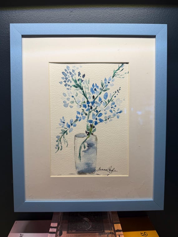 Blue Watercolor Floral Painting | Shannon Doyle Art | Framed 8x10 Bouquet in Vase | Unusual Gift