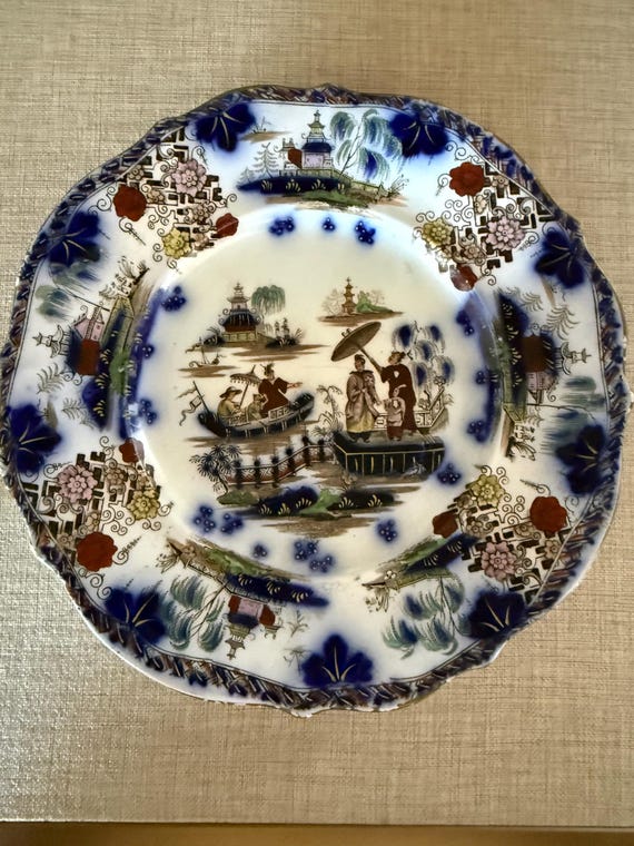Antique Style Chinoiserie Plate Octavia Imperial Scene, Blue Transferware Plate, Asian Landscape Dish, Vintage Decorative Wall Plate