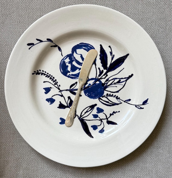 Hand-Painted Ceramic Platter With Vintage Serving Knife by Shannon Doyle – Colorful Floral Serving Tray – Signed Original Pottery