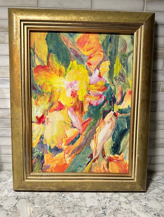 Vibrant Abstract Floral Painting in Gold Frame | Colorful Original Art | Bold Yellow & Orange Brushstrokes | Home Wall Décor | Original Art
