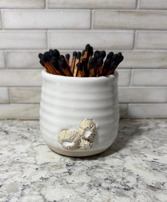 Handmade Ceramic Match Striker – White Textured Pot with Mushroom Detail – Functional Pottery Match Holder – Rustic Home