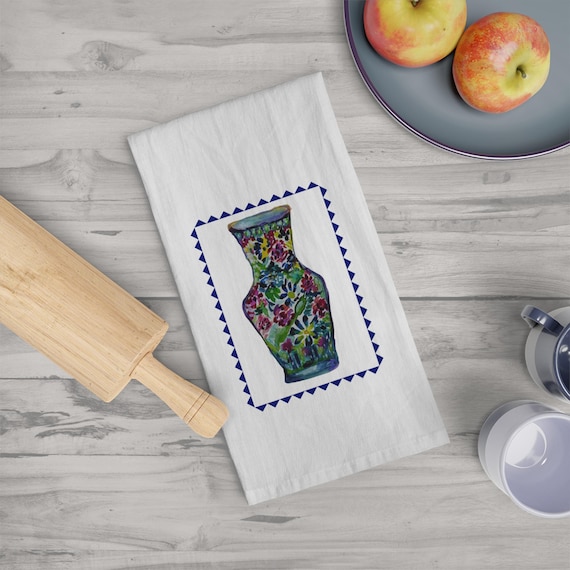 Chinoiserie Floral Kitchen Tea Towel - Watercolor Design, Colorful Kitchen Decor, Hostess Gift