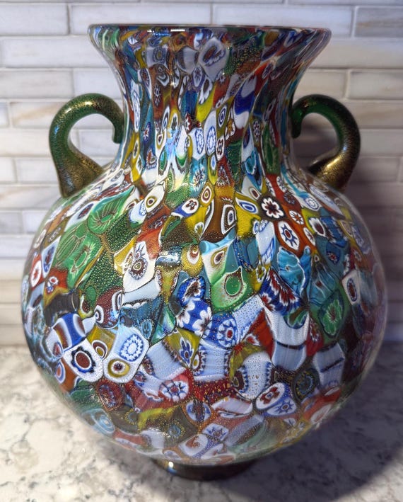 Millefiori Murano-Style Large Art Glass Vase – Signed “La Murrina” – Handblown Italian Glass Vintage Decor