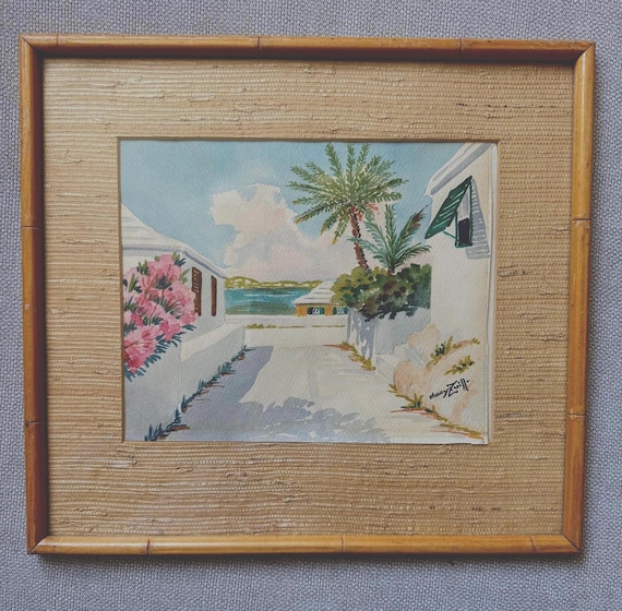 Vintage Watercolor Painting | Poolside Art | Palm Tree and Bougainvillea Wall Decor | Rattan Frame Beach House Art | Mid-Century Moder