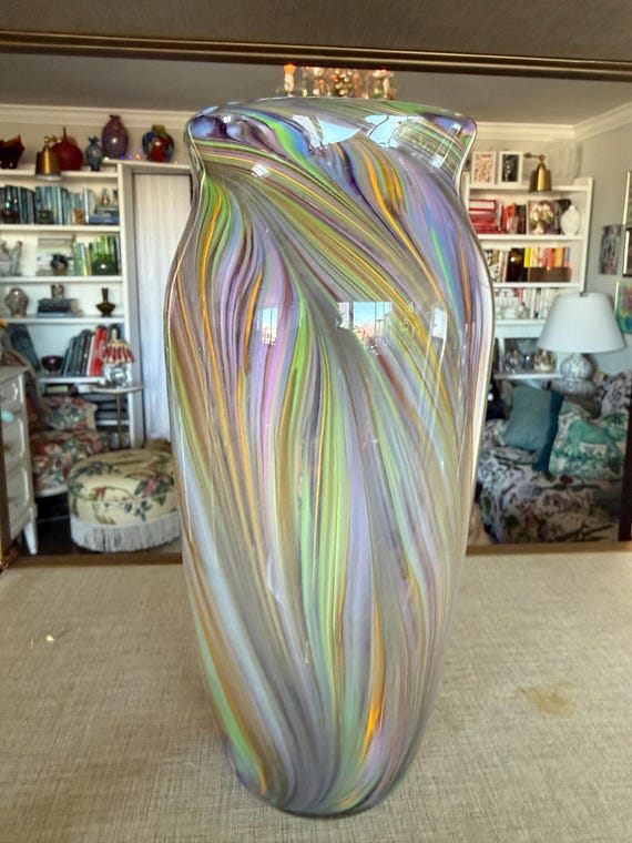 Hand Blown Art Glass Vase | Blue White Swirl Ocean Inspired Studio Vessel