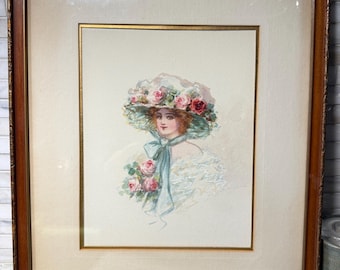 Vintage Framed Watercolor Portrait of Lady in Floral Hat – Victorian Style Art Print – Soft Pastel Painting – Signed Original