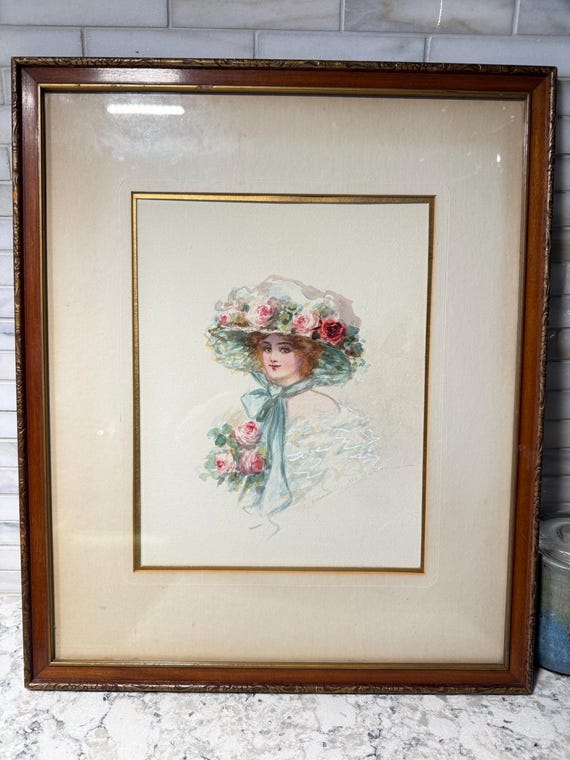 Vintage Framed Watercolor Portrait of Lady in Floral Hat – Victorian Style Art Print – Soft Pastel Painting – Signed Original