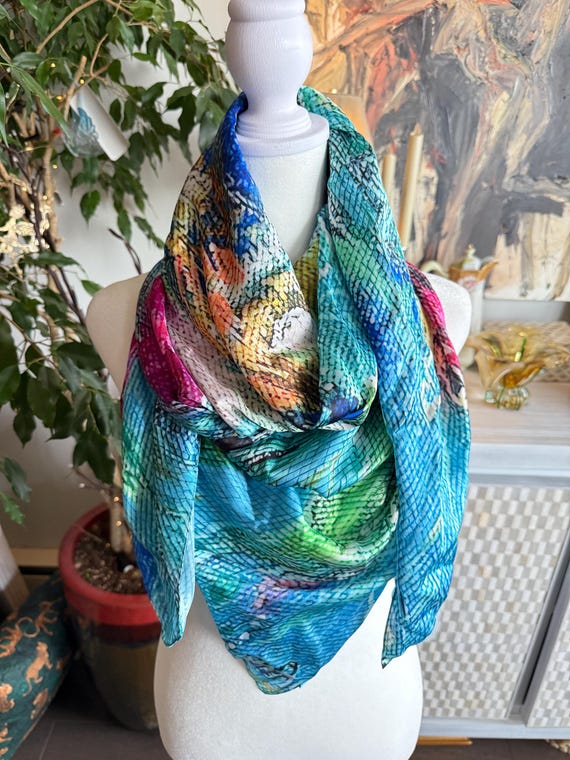Ladies Fashion Silk Scarf Teal- Original Art, Lightweight, Unusual Gift for Her