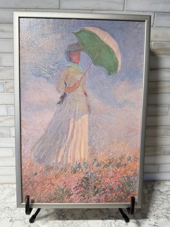 Vintage Framed Print of Monet’s “Woman with a Parasol” | Impressionist Wall Art | Claude Monet Reproduction | Soft Pastel Decor