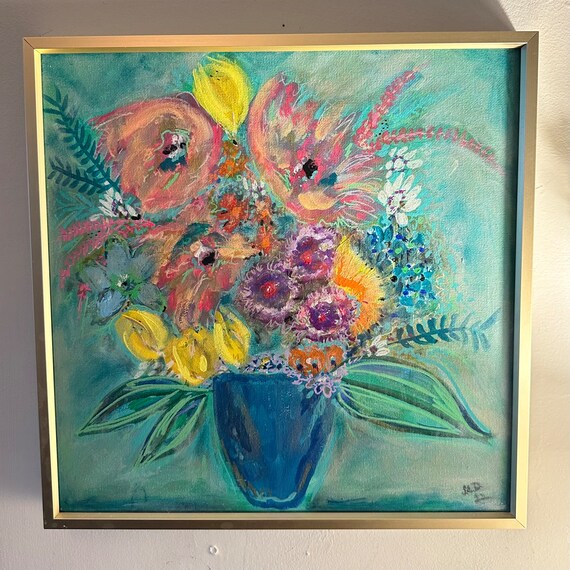 Original Floral Acrylic Painting on Canvas - Vibrant Pink Puple with Gold Frame - Handmade Abstract Impressionist Art by Shannon Doyle