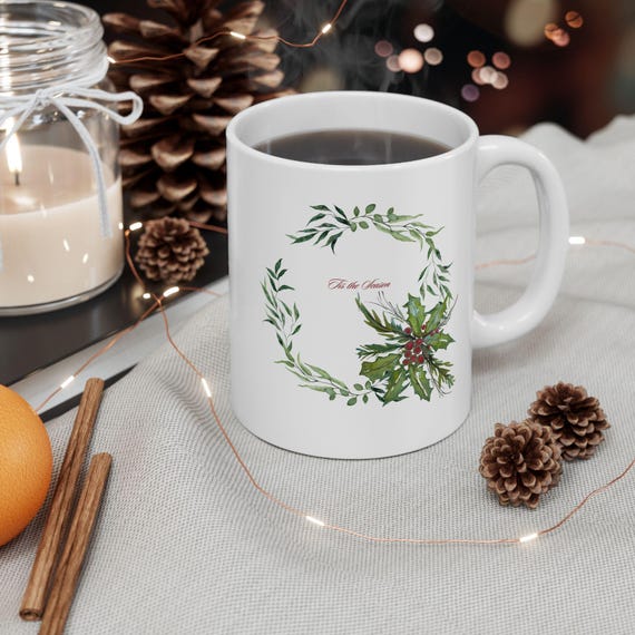 Musical Holly Wreath Christmas Mug  Watercolor Holiday Art by Shannon Doyle Ceramic Coffee Cup for Music Lovers & Winter Gifting