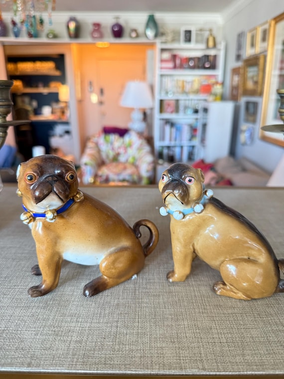 Pair of Antique German Porcelain Pug Dog Figurines – Mold #1560 – Matched Pair – Meissen Style Mantel Dogs c.1900