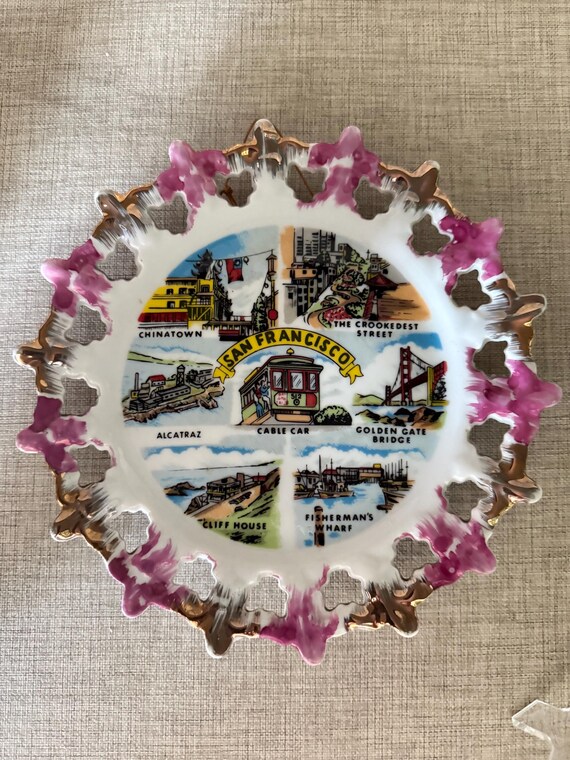 Vintage San Francisco Souvenir Plate – Decorative Porcelain with Gold & Pink Luster Trim – California Landmarks Wall Decor