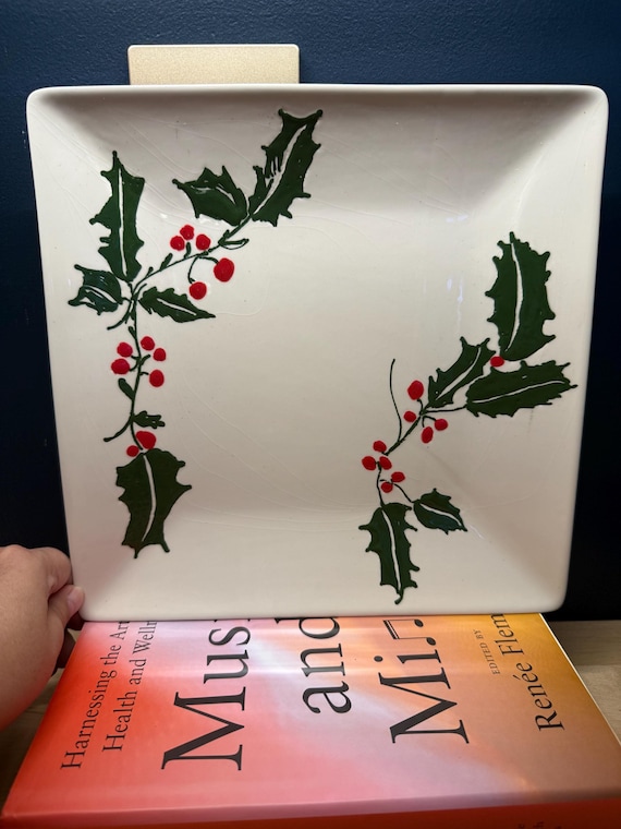 Christmas Serving Platter Handpainted Holly and Ivy, Unusual Gift