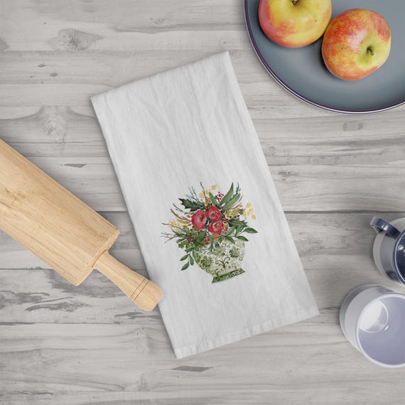 Chinoiserie Dish Towel - Shannon Doyle Watercolor Design, Colorful Kitchen Decor, Hostess Gift