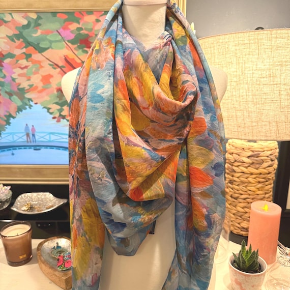Ladies Fashion Scarf Yellow Floral Pastel - Original Art,  Lightweight, Unusual Gift for Her