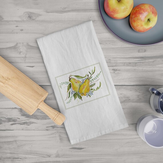 Rustic Pear Kitchen Tea Towel - Watercolor Fruit Design, Farmhouse Kitchen Decor, Hostess Gift