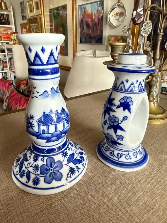 Blue and White Porcelain Candle Holders Pair– Asian-Inspired Ceramic Pair, Hand-Painted Floral & Pagoda Motifs