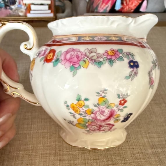 Peppertree Tabletops “Chinese Bouquet” Creamer – Fine Porcelain Floral Pitcher with Gold Trim | Vintage Cottagecore China