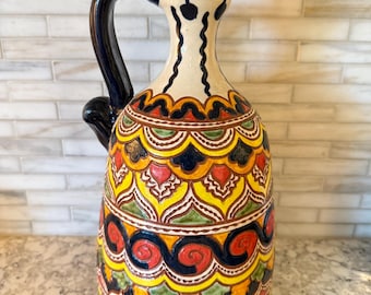 Hand-Painted Talavera-Style Tall Pitcher – Bright Multicolor Spanish Folk Art Pottery – Boho Decor