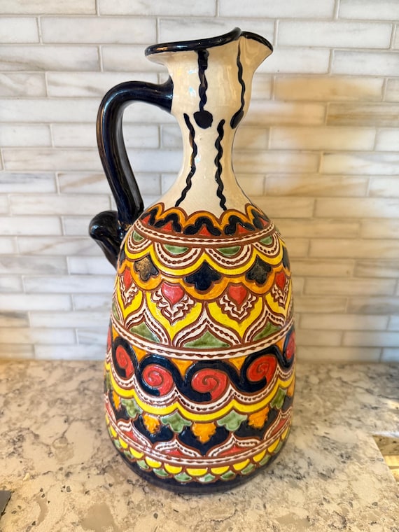 Hand-Painted Talavera-Style Ceramic Pitcher – Bright Multicolor Spanish Folk Art Pottery – Boho Kitchen or Table Décor