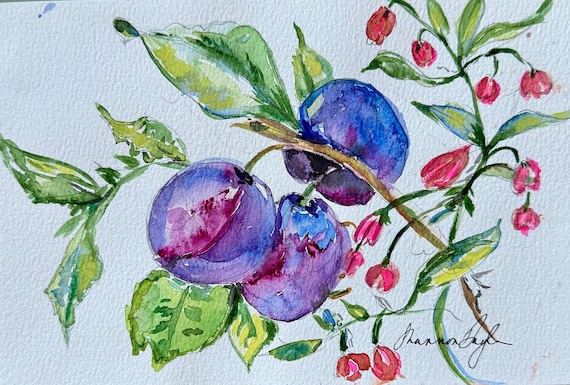 Plum Watercolor Art Print, Botanical Wall Art Digital Download, Fruit Kitchen Decor, Shannon Doyle Art Printable