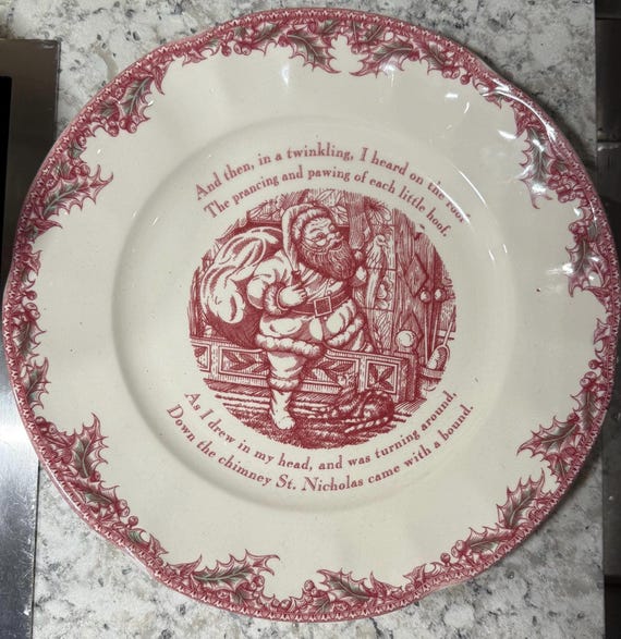 Johnson Brothers “’Twas The Night” Christmas Dinner Platter- Vintage Santa – Red Transferware – Holiday Tableware