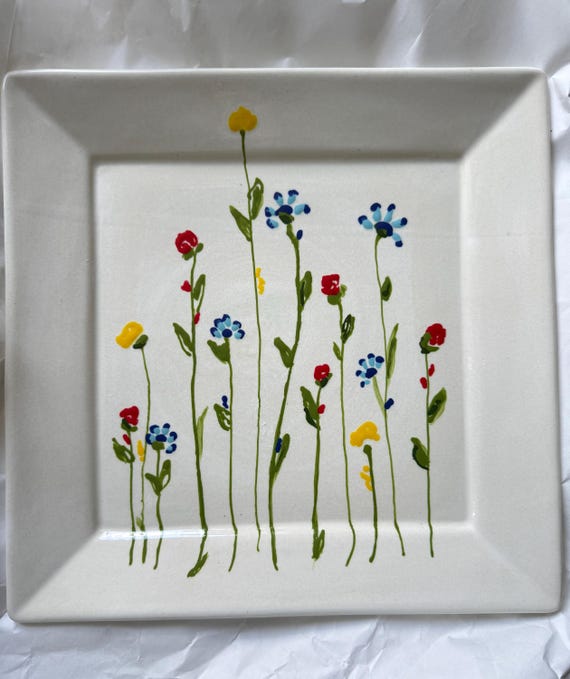 Hand-Painted Ceramic Platter by Shannon Doyle – Colorful Floral Serving Tray – Signed Original Pottery