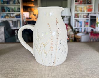 Terrain Stoneware Pitcher with Wild Grass Design – Crackle Glaze Ceramic Vase – Rustic Modern Cream Jug – Terrain Pottery Home Decor