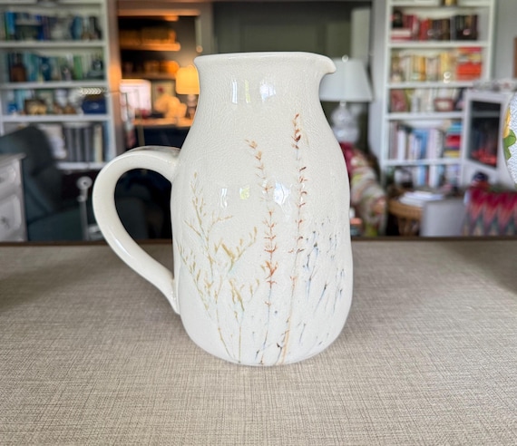 Terrain Stoneware Pitcher with Wild Grass Design – Crackle Glaze Ceramic Vase – Rustic Modern Cream Jug – Terrain Pottery Home Decor