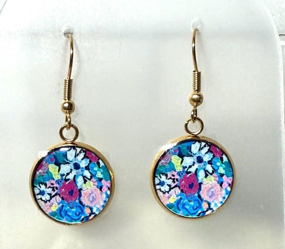 Hand-Painted Floral Dangle Earrings – Unique Statement Jewelry by Shannon Doyle – Lightweight Boho Style Earrings