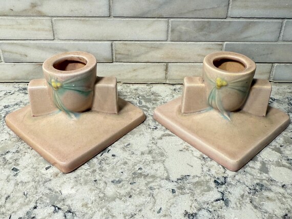 Vintage Roseville Pottery Candlestick Holders | Pink Zephyr Lily #1121 | Art Deco Ceramic Pair | USA Pottery | 1940s Collectible Home Decor