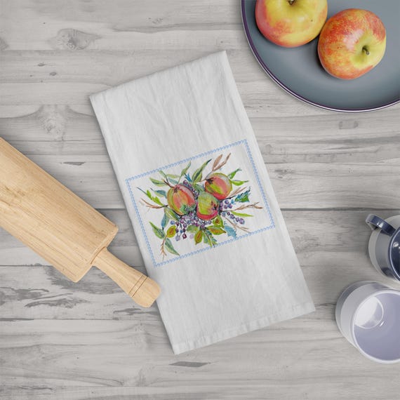 Rustic Apples Kitchen Tea Towel - Watercolor Fruit Design, Farmhouse Kitchen Decor, Hostess Gift