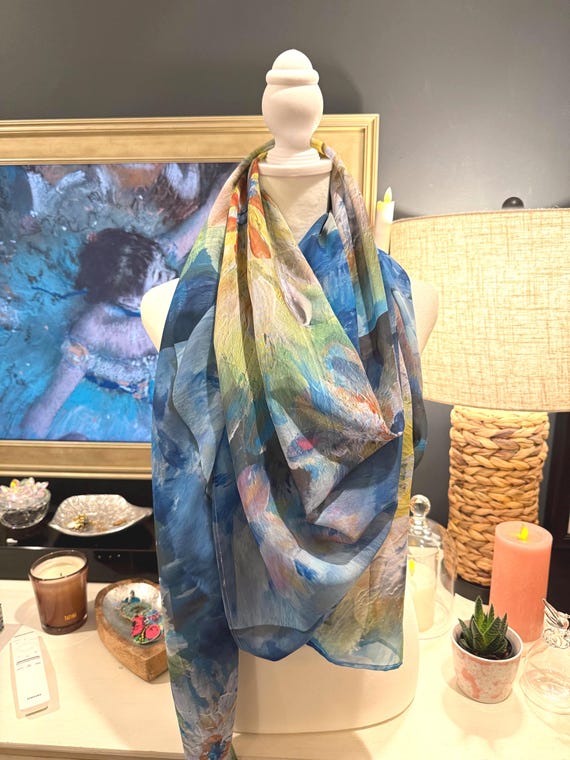 Ladies Fashion Scarf Blue Yellow Green - Original Art, Lightweight, Unusual Gift for Her