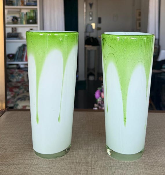 Green White Drip Art Glass Vases | Mid Century Modern Cased Glass Set