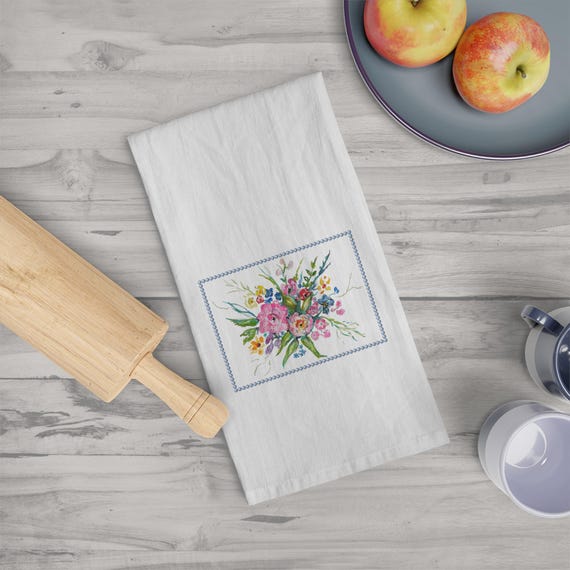 Shannon Doyle Chinoiserie Floral Kitchen Tea Towel - Watercolor Design, Colorful Kitchen Decor, Hostess Gift