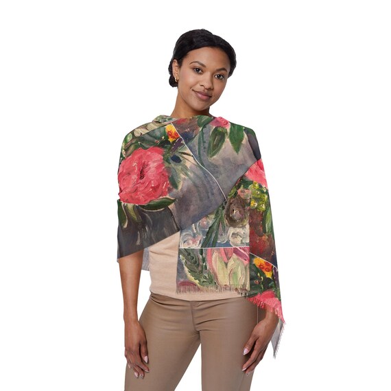 Shannon Doyle Art Scarf | Floral Roses Abstract Shawl | Soft Polyester Wrap | Wearable Art Gift | Women's Fashion Accessory