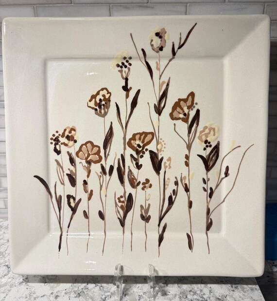 Hand-Painted Ceramic Platter by Shannon Doyle – Brown Floral Serving Tray – Signed Original Pottery