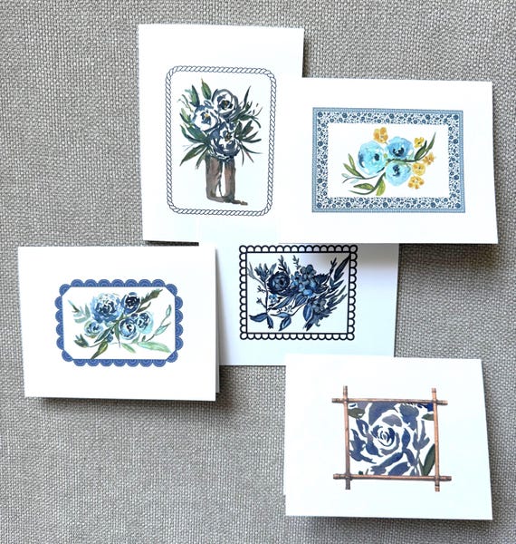 Handmade Blank Cards, Blue Floral Notecards, Artistic Stationery Gift, Everyday Greeting Cards, Unique Thank You Notes